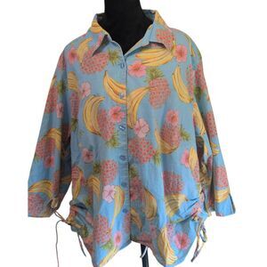 Pappagallo Woman 2X Tropical Linen Blend Shirt Blouse Banana Pineapple